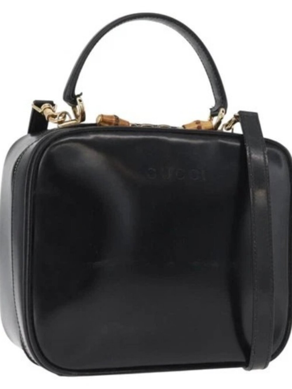GUCCI Bamboo Hand Bag Leather 2way Black Gold Auth 178244